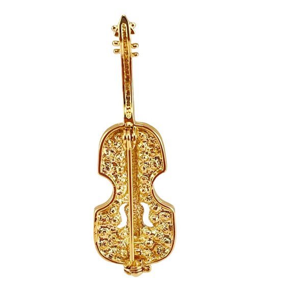 Violin Brooch Pin Gold Plated Clear Rhinestone, Gift for Musician - Picture 5 of 7